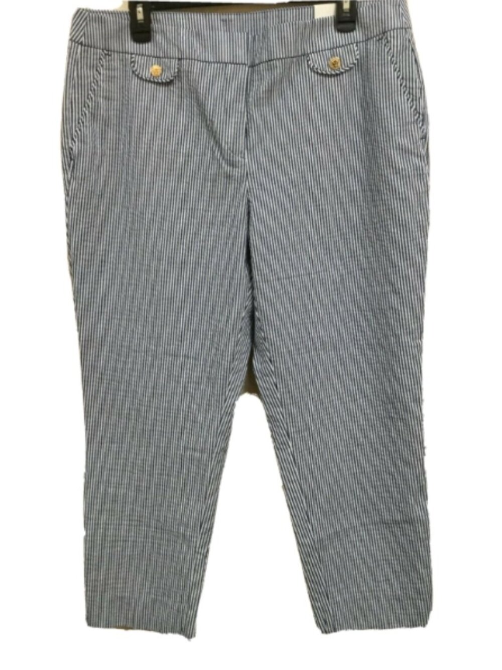 Anne Klein Women Petite 14P Slim Crop Pants Blue White Striped Seersucker $89